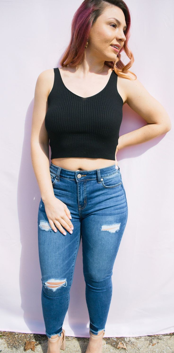 Crop top,  Medium, Mauve: Crop top,  High waist jeans outfit  