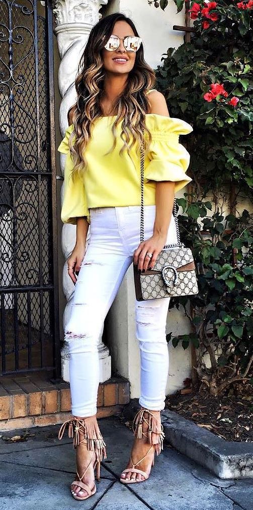 Mine yellow off the shoulder: High-Heeled Shoe,  Slim-Fit Pants,  High Waisted Jeans,  White Pumps,  yellow top,  Off Shoulder  