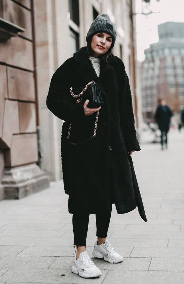 comfy outfit idea | hat bag black fur coat sneakers: Wool Coat  