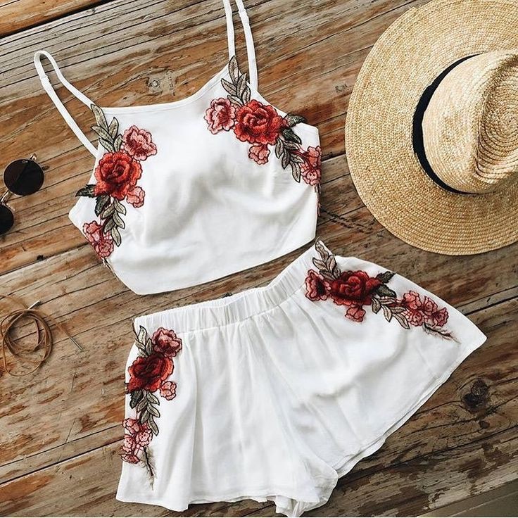 Floral embroidered two piece: Romper suit,  Spaghetti strap,  Floral design,  Tumblr Outfits  