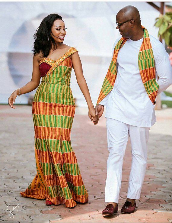 Ankara engagement wear: Kente cloth,  Hairstyle Ideas,  Matching African Outfits  