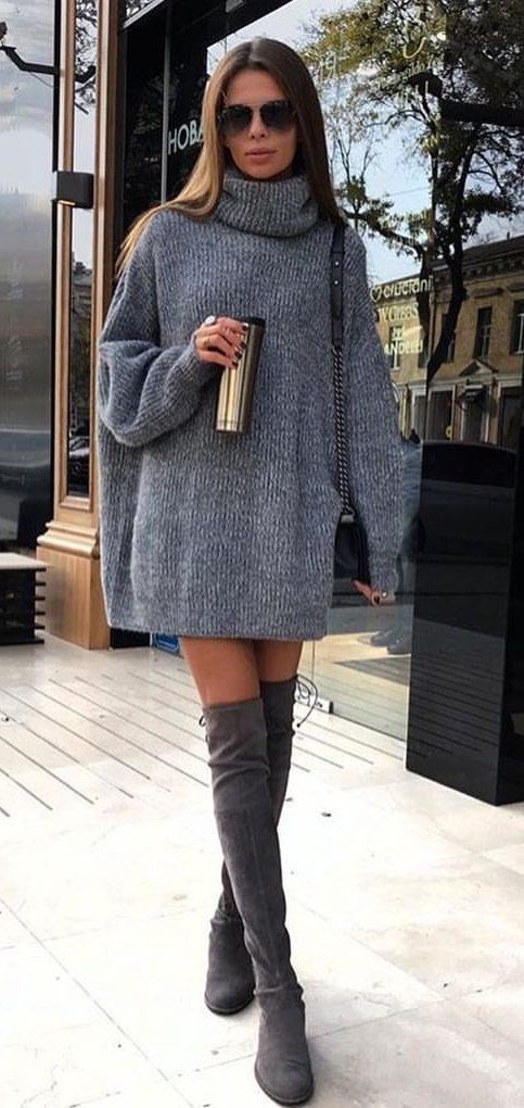 Turtleneck sweater with thigh high boots: winter outfits,  Polo neck,  Over-The-Knee Boot,  Boot Outfits,  Chap boot,  Turtleneck Sweater Outfits,  High Boots  
