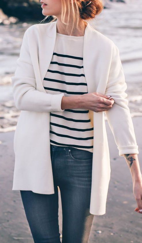 White cardigan outfit ideas: Casual Winter Outfit,  Stripe Sweater,  White Cardigan,  Cardigan  