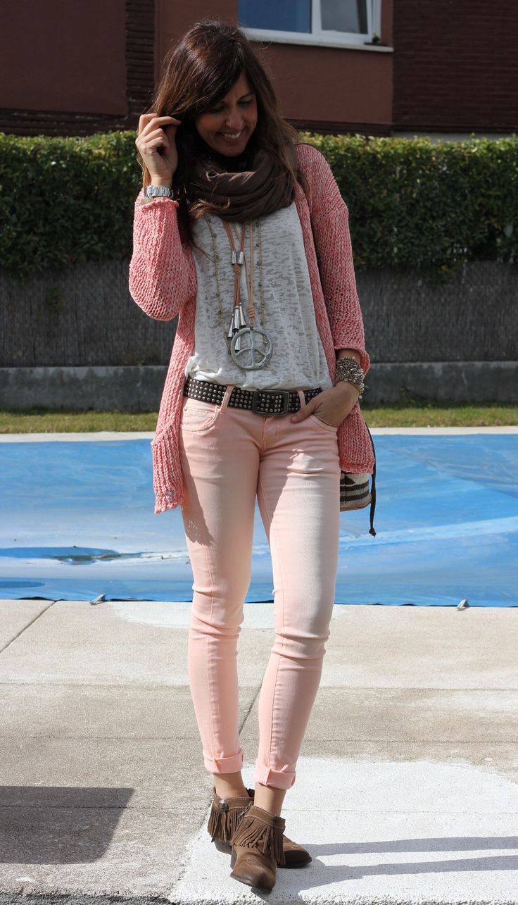 pink jeans outfit winter