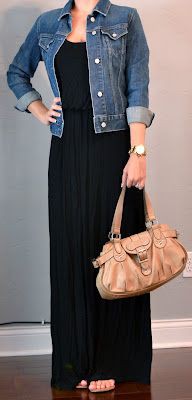 Black maxi dress with denim jacket: Jean jacket,  Maxi dress,  Denim jacket,  Boxy Jacket  