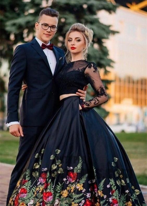 long black two piece prom dress