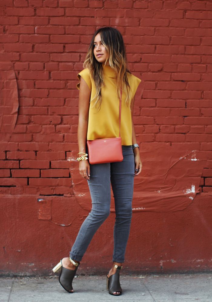 Yellow top with skinny jeans: Slim-Fit Pants,  Yellow Outfits Girls,  yellow top  