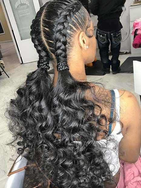 Feed in braids with ponytail curls on Stylevore