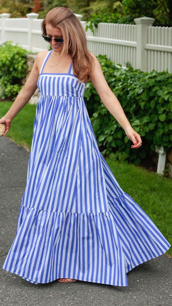 Striped maxi dress outfit for woman: Cocktail Dresses,  Crew neck,  Maxi dress,  Summer Cotton Outfit  