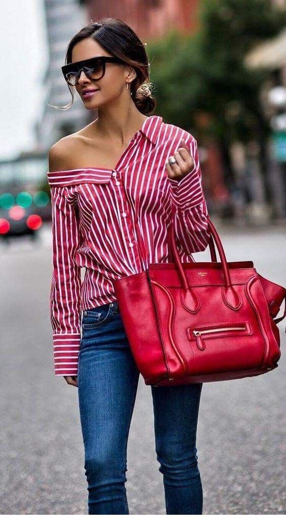 Jules Smith striped shirt outfit With Red Bag: Jules Smith  