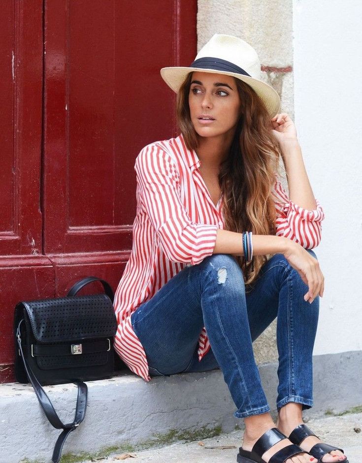 Red and white striped shirt outfit: Panama hat  