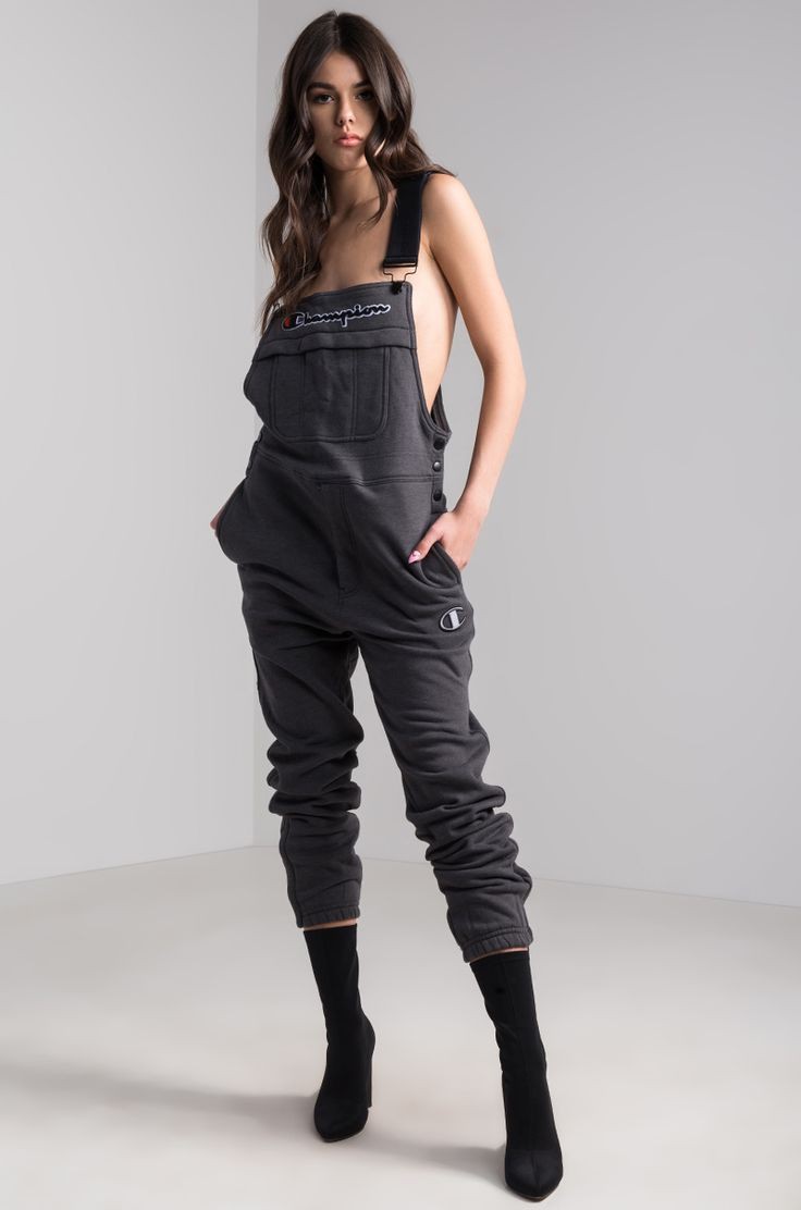Champion superfleece overall jumpsuit with black boots: Champion Overalls Outfits  