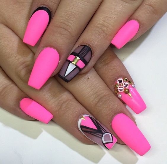 Hot pink nail designs coffin on Stylevore