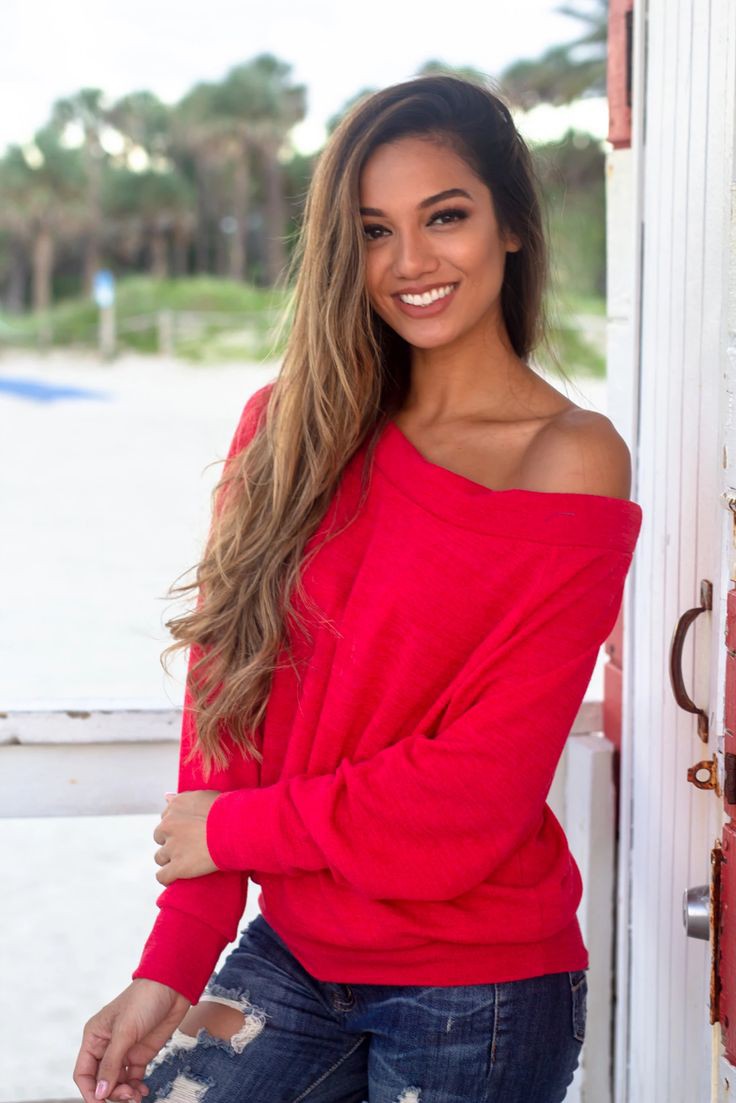 Red off the shoulder sweater: Clothing Ideas,  Red top  