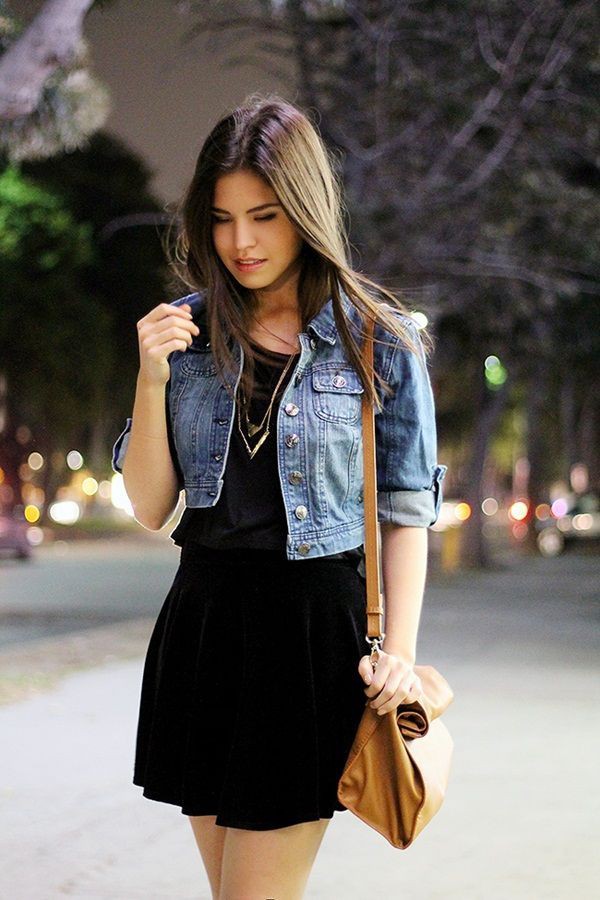 Short dress with denim jacket on Stylevore