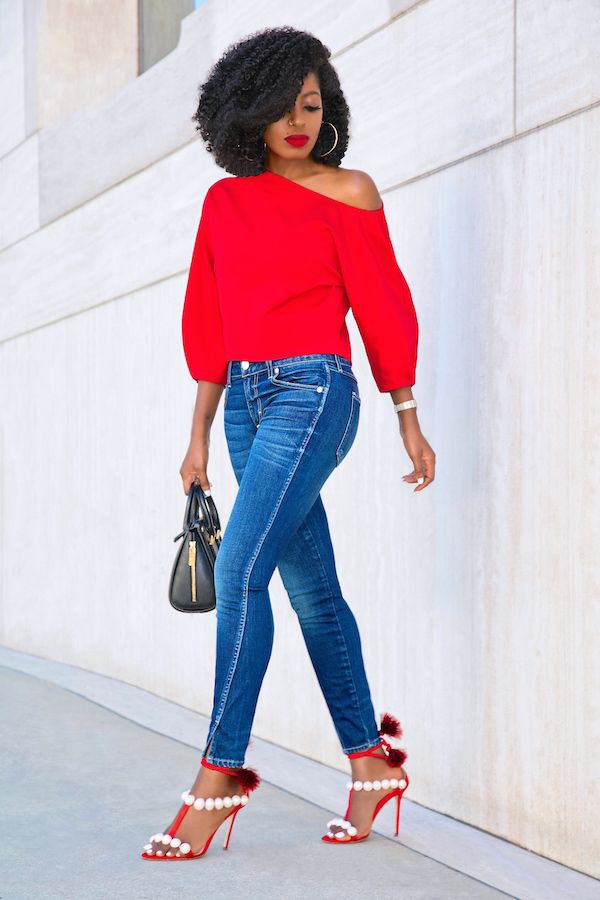 red top blue jeans outfit