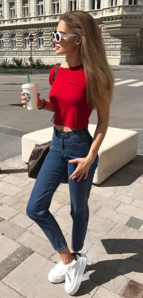 Outfit with red t shirt: Slim-Fit Pants,  Brandy Melville,  Red top  