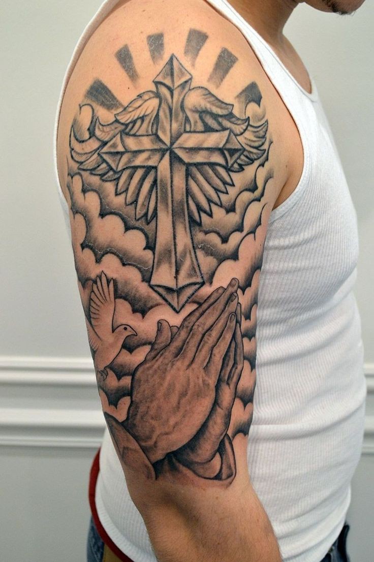 Cross tattoo with clouds, Sleeve tattoo: Body piercing,  Sleeve tattoo,  Tattoo artist,  Religious Tattoos  