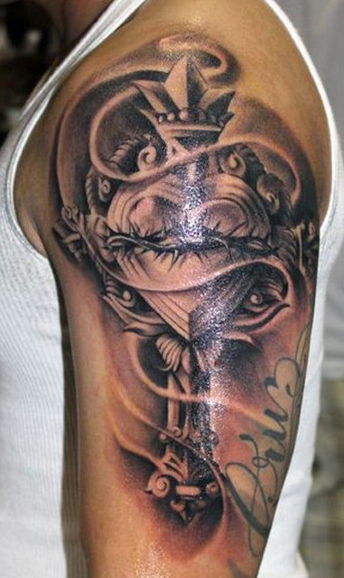 Holy Angel Rest In Peace Guardian Angel Tattoo: Body piercing,  Sleeve tattoo,  Tattoo artist,  Religious Tattoos,  Christian cross  