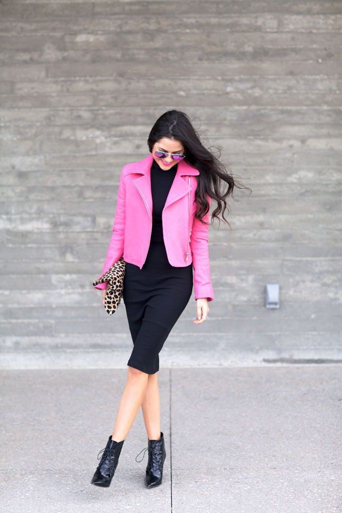 Hot pink leather jacket outfit: David Yurman,  Pink Outfits Ideas,  Suit jacket,  Boxy Jacket  