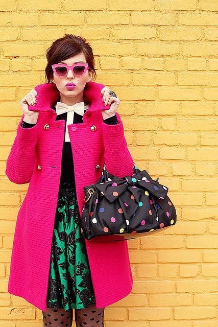 Stylish Black And Hot Pink Blazer Outfit With Polka Dot Bag: Trina Turk,  Pink Outfits Ideas,  Lulu Guinness,  pink blazer  
