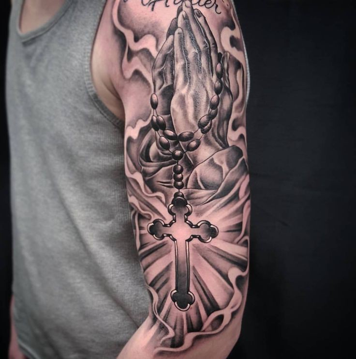 Top 10 ideas for cross tattoo designs, Praying Hands: Sleeve tattoo,  Body art,  Religious Tattoos,  Christian cross  
