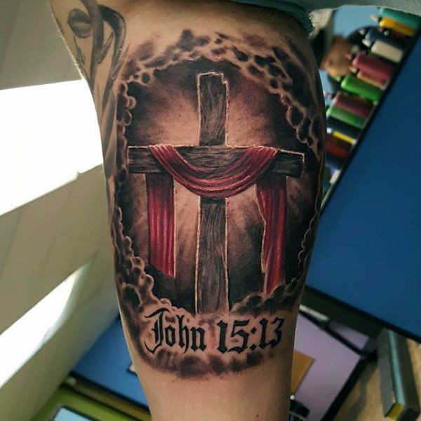 Wooden Cross Religious Tattoo on a Mans Forearm Stock Photo  Alamy