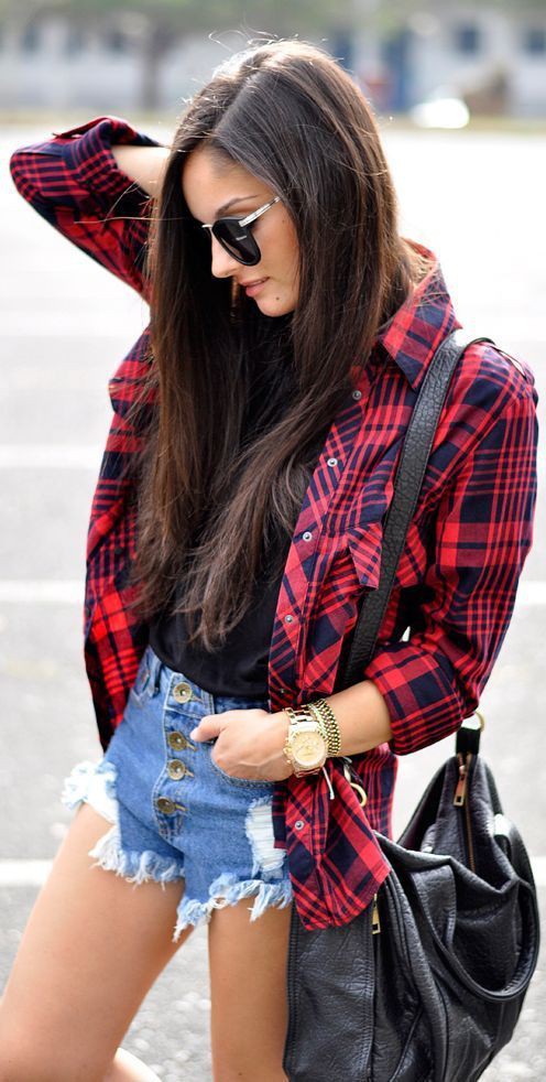 Red Check Shirt For Girls With Shorts: Denim Shorts,  Flannel Shirt Outfits  