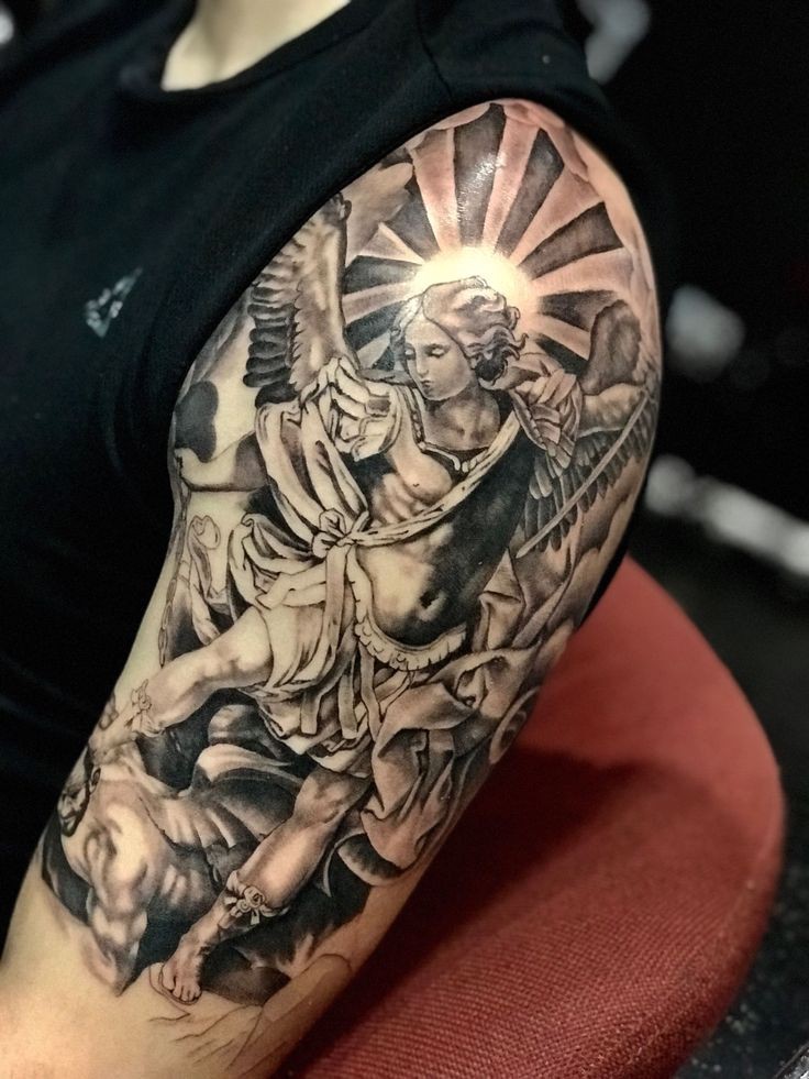 Most Desirable San Miguel Arcangel Sleeve Tattoo: Sleeve tattoo,  Tattoo Ideas,  Tattoo artist,  Religious Tattoos  