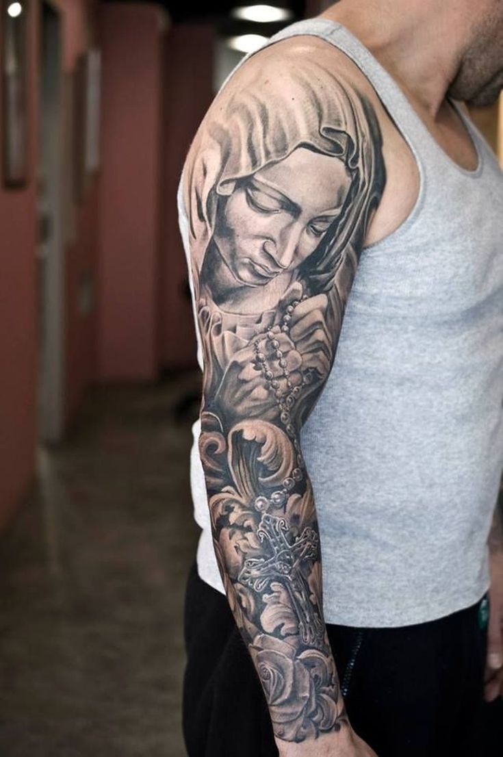 Nice and elegant religious sleeve, Sleeve tattoo on Stylevore