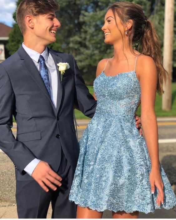 Junior Prom Sky Blue Prom Couple Outfits: Cocktail Dresses,  Wedding dress,  Evening gown,  Bridesmaid dress,  Sherri Hill,  Homecoming Outfits,  Prom Suit  