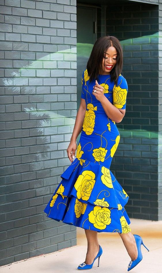 Yellow and blue print ankara dress for wedding event: party outfits,  African Dresses,  Maxi dress,  Ankara Long Gown,  Ankara Gowns  