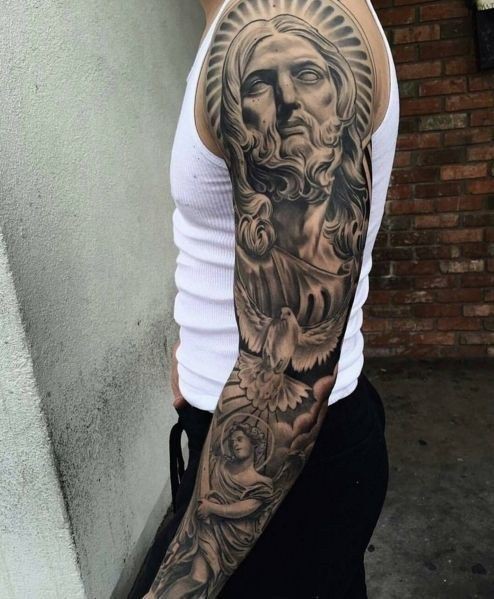 Proud to wear these jesus sleeve tattoos, Sleeve tattoo: Sleeve tattoo,  Religious Tattoos,  Christian cross  