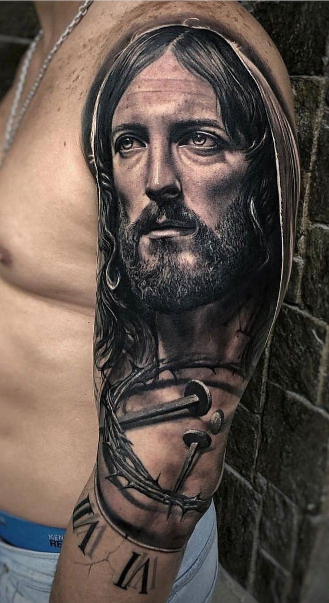 Black and Grey Realism Religious Themed Sleeve Tattoo  Love n Hate