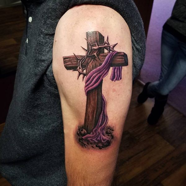 Upper Arm Creative Half Sleeve Tattoos For Men: Sleeve tattoo,  Body art,  Religious Tattoos,  Christian cross  