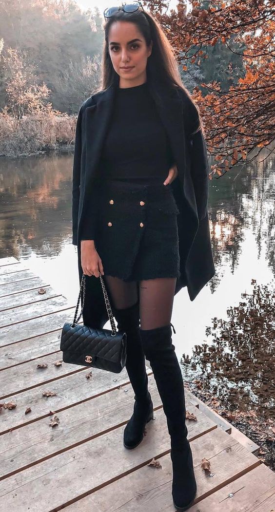 over the knee boots skirt outfit