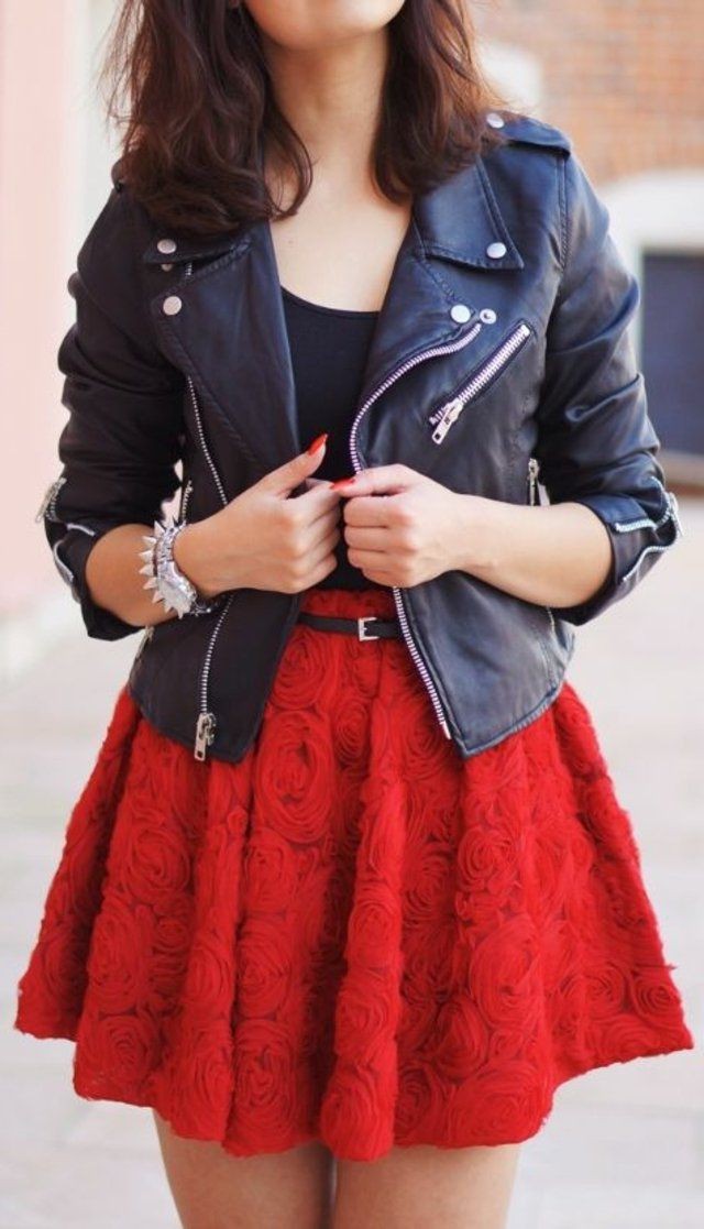 Outfits with red skater skirt: Evening gown,  Sleeveless shirt,  Leather jacket,  Skater Skirt,  Floral Skirt,  Grunge fashion,  Monday Outfit Ideas  