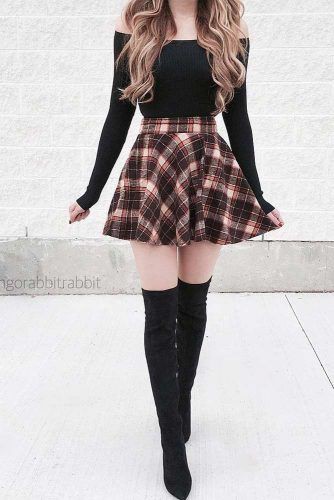 Off-shoulder top with skater skirt For Girls: shirts,  Skater Skirt,  Monday Outfit Ideas,  Check Skirt  
