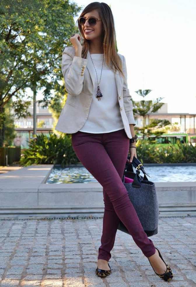 Adding Life and Color to Business Casual Work Wear  Casual work wear  Women pants outfit Burgundy pants outfit