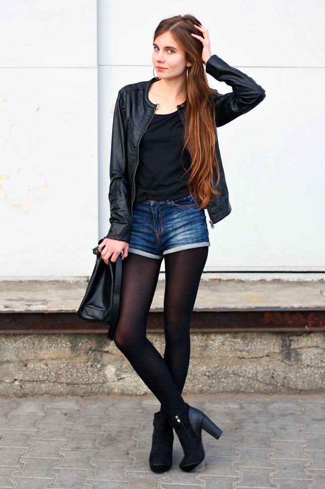 Dark denim shorts and tights: Leather jacket,  Outfit With Stocking  