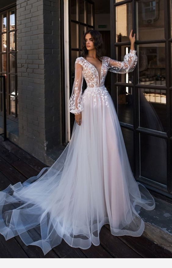 V neck long sleeve v neck boho wedding dress