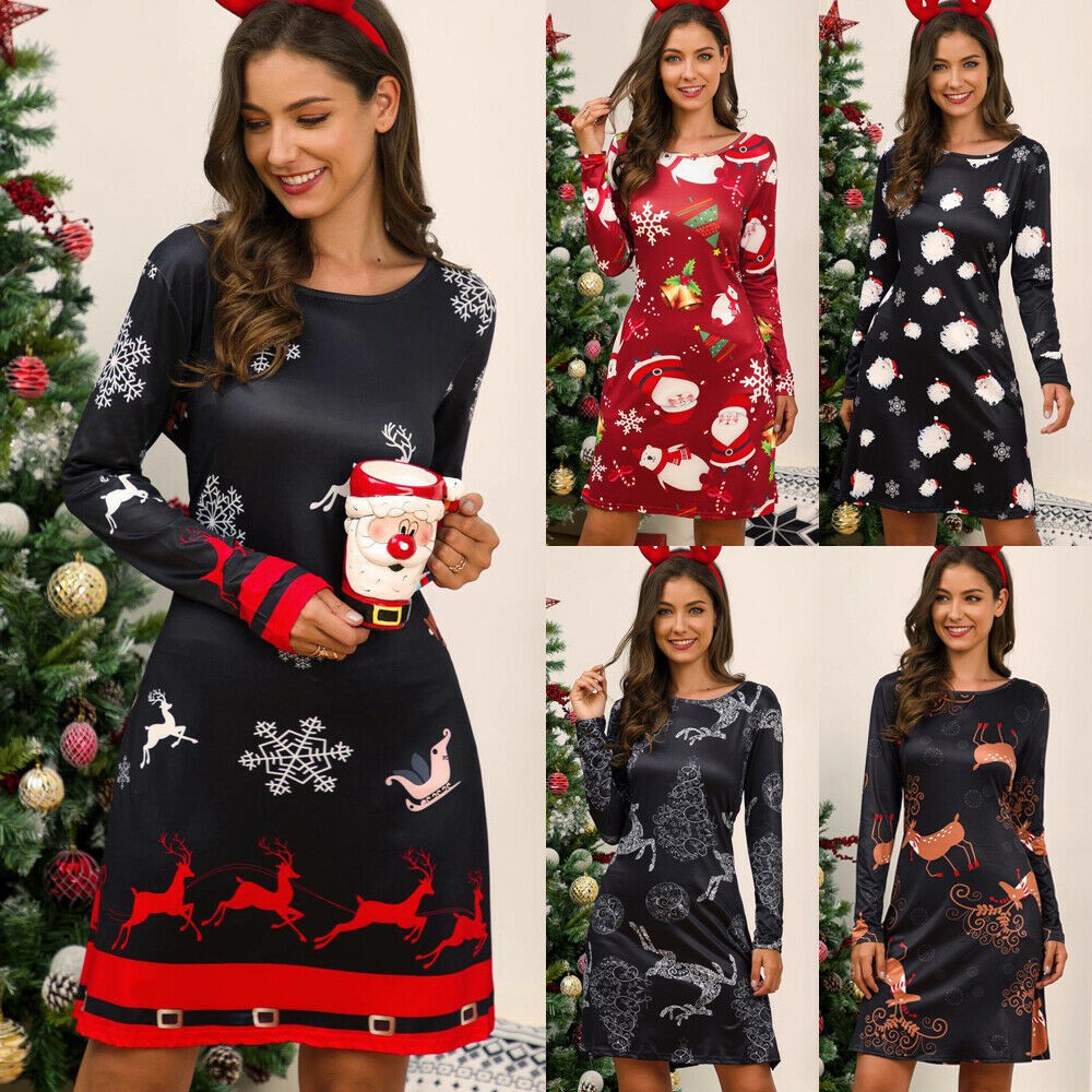 Womens Christmas Midi Swing Jumper Dress Ladies Long Sleeve Xmas Skater Dresses: 