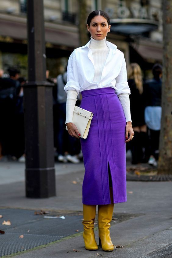 Street style purple and yellow | 50 Degree Weather Outfit | Fashion week,  winter outfits,