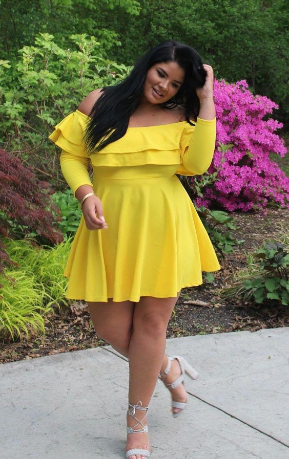 Plus-size model mustard yellow frock | 30th Birthday Outfit Ideas Plus ...