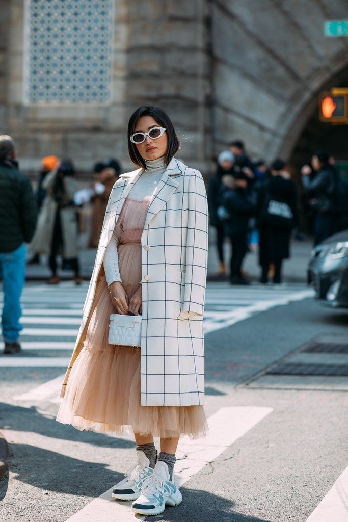 Dress with dad sneakers, Louis Vuitton, 50 Degree Weather Outfit