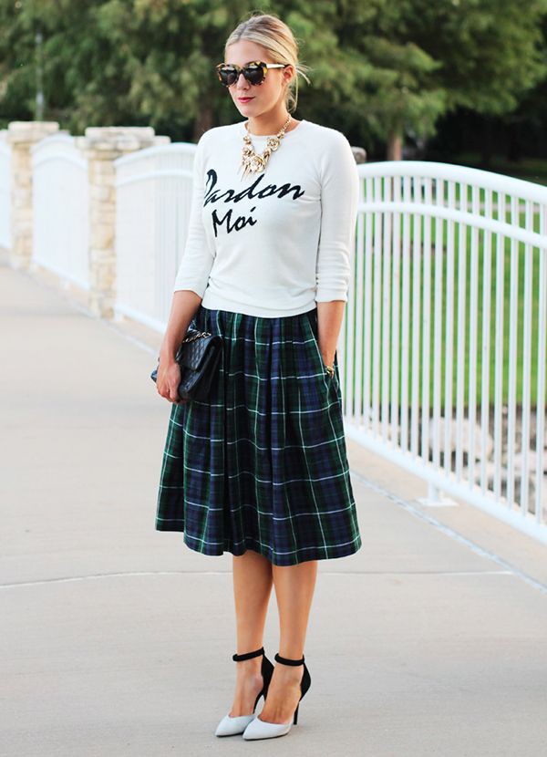 Casual Outfit With Midi Skirt: Informal wear,  Full plaid,  Midi Skirt Outfit,  Midi Skirt  
