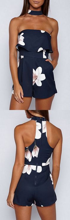 Navy blue flower playsuit with choker: Romper suit,  Strapless dress,  Floral design,  Jumpsuits Rompers,  Travel Outfits  