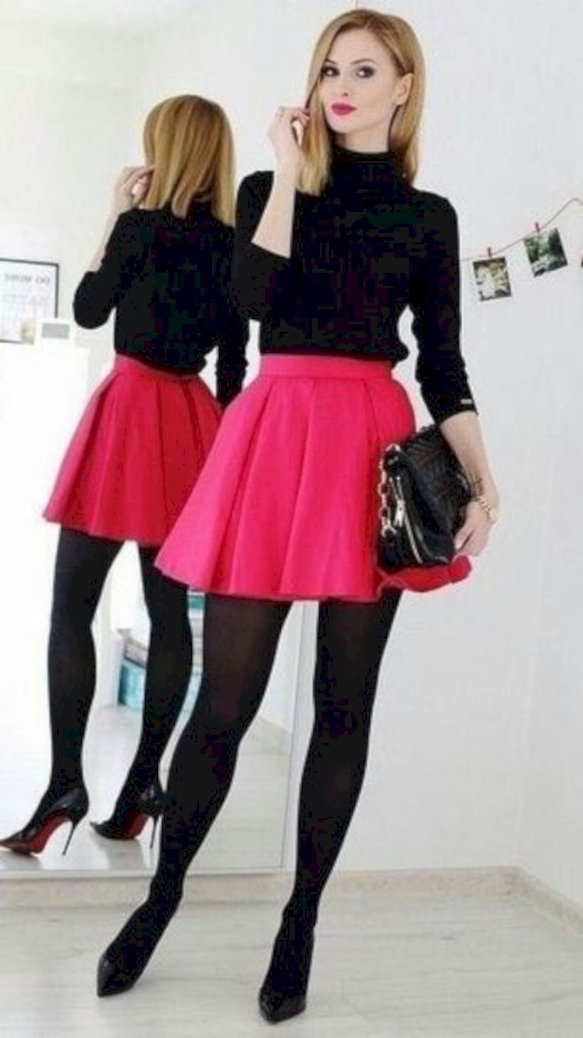 pink skirt black tights