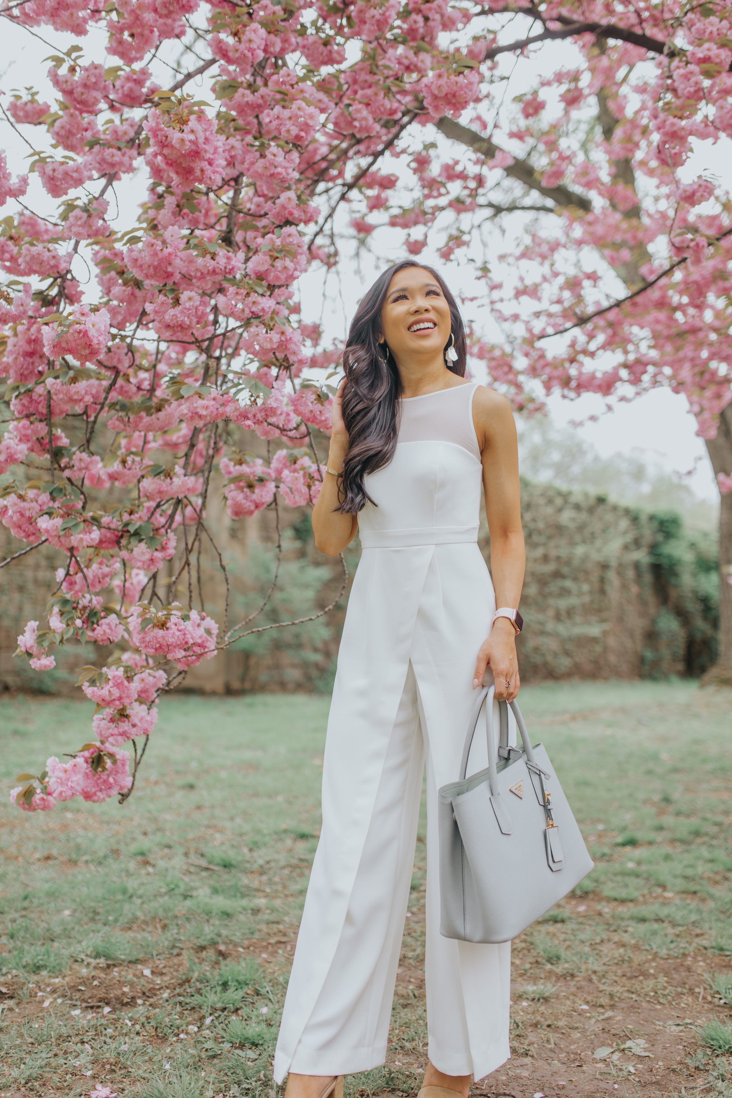 Illusion neckline white jumpsuit, Cherry blossom: Sleeveless shirt,  Strapless dress,  Jumpsuit Outfit,  Cherry blossom  