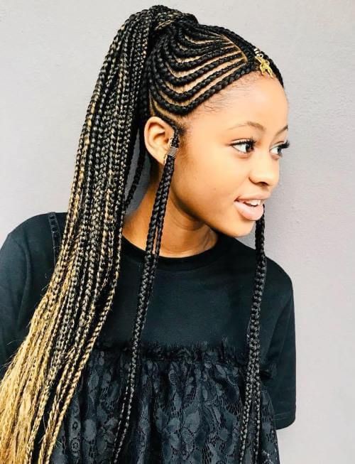 Retro style fulani braids ponytail, Artificial hair integrations: Lace wig,  Box braids,  Braids Hairstyles,  French braid,  Fula people,  Braided Ponytail  